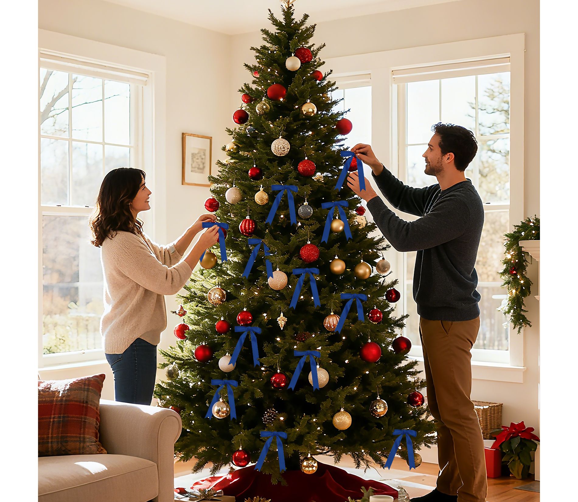 24 Short Ribbon Bows and A Satin Christmas Tree Topper Bow, 25 PCS Wired Decorative Set for Xmas Tree, Garland, Wreath