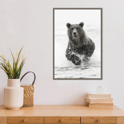 27" x 19" Monochromatic Bear Fishing Framed Canvas Print