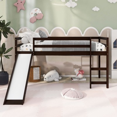 PAGED Twin Size Loft Bed, Modern Wooden Bed Frame, Bunk Bed with Slide, Guardrails and Ladder for Bedroom