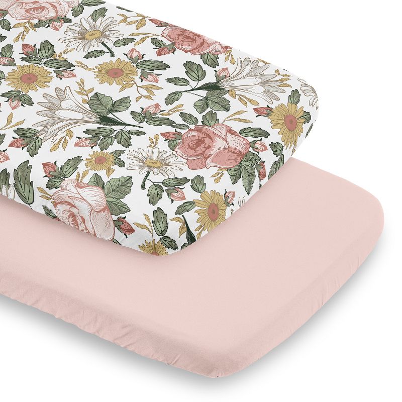 Sweet Jojo Designs Girl Baby Bassinet Fitted Sheets Set Vintage Floral Pink and Green 2pc, 1 of 7