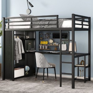 NicBex Full/Queen/Twin XL Metal High Loft Bed with Wardrobe,Desk,Safety Guardrail&Shelves,Versatile Gaming Loft for Kids,Teens&Gamers,500lbs Max,Black - 1 of 4