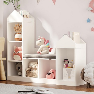 Garvee Kids Bookshelf with Reading Nook,Children Bookcase 6-Cubby Toy Storage Organizer Seat Cushion Wooden Storage Bench Playhouse Cabinet Kids Room
