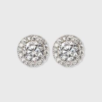 Women's Sterling Silver Cubic Zirconia Round Halo Button Stud Earrings - A New Day™ Silver/Clear