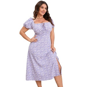 Womens Plus Size Square Neck Wrap Maxi Dress High Waist Ruffle Summer Casual Dress - 1 of 4