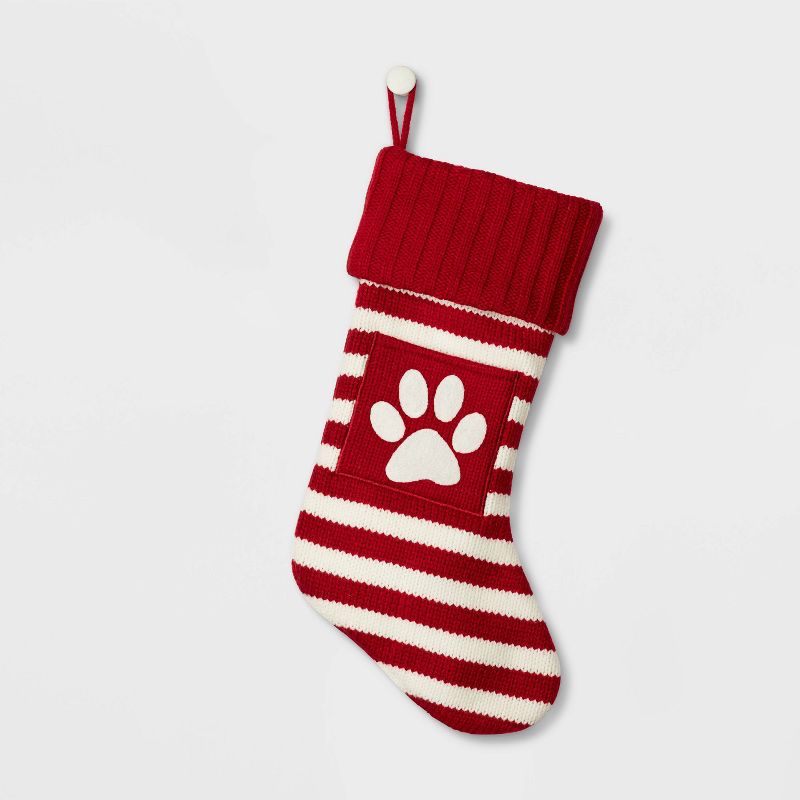 20&#34; Knit Striped Monogram Christmas Stocking Paw Print - Wondershop&#8482;, 1 of 2