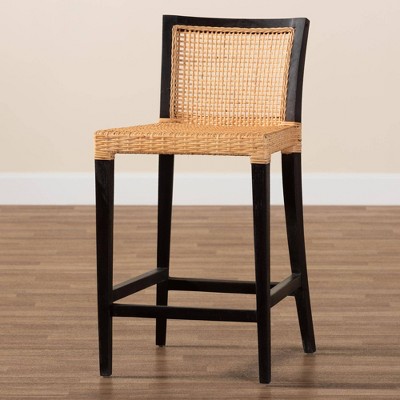Lingga Dark Brown Mahogany Wood and Natural Rattan Counter Stool