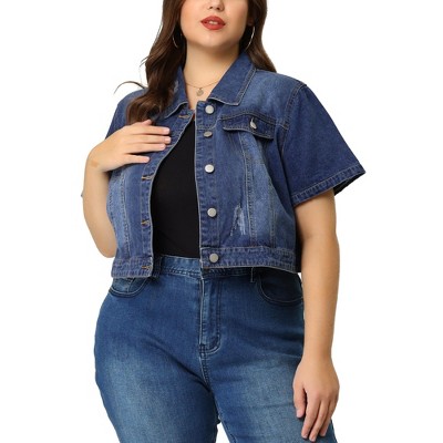 Agnes Orinda Women's Plus Size Denim Jacket Crop Fray Roll Short Sleeves Jean Jackets