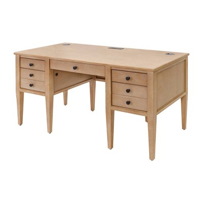 Light Brown Wood Home Office Desk with USB Ports and Drawers