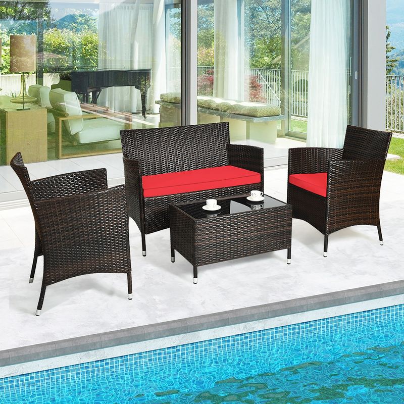 Costway 4PCS  Patio Furniture Set  Rattan Conversation Set W/ Tempered Glass Coffee Table Cushion Red, 4 of 12