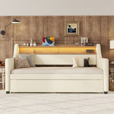 Twin Size Daybed with Storage Drawers, Upholstered Daybed with Charging Station and LED Lights, Twin Size PU Leather Daybed Sofa Bed, White
