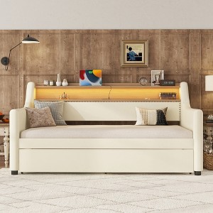 Twin Size Daybed with Storage Drawers, Upholstered Daybed with Charging Station and LED Lights, Twin Size PU Leather Daybed Sofa Bed, White - 1 of 4