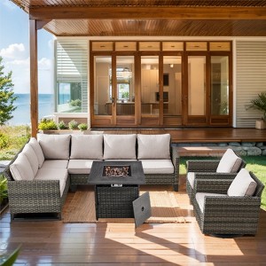 Buenhomino Outdoor Sectional Patio Furniture Set with Fire Pit Table,6 Pieces Wicker Conversation Sets L Shaped Couch with Swivel Chairs - 1 of 4
