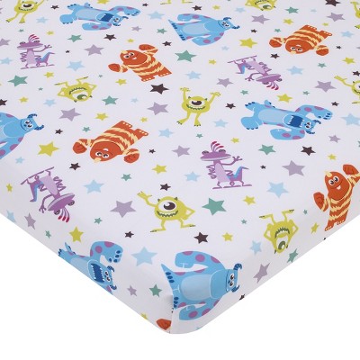 NoJo Disney Monsters Inc. Sully and Mike Super Soft Nursery Fitted Mini Crib Sheet, Blue, Green, Orange, White