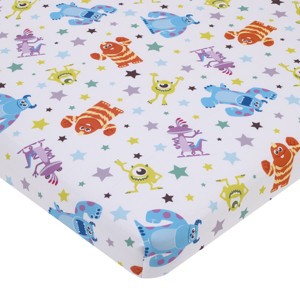 NoJo Disney Monsters Inc. Sully and Mike Super Soft Nursery Fitted Mini Crib Sheet, Blue, Green, Orange, White - 1 of 4
