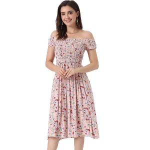 Allegra K Women's Off Shoulder Sleeveless Floral Smocked Summer Short Dress - 1 of 4