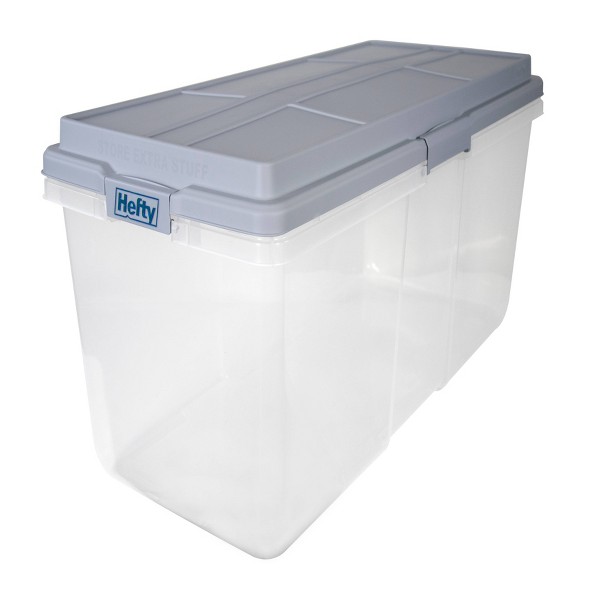 Tina de almacenamiento de plástico Hefty 113qt Hi-Rise Clear: con asas de cierre y cierre a presión, almacenamiento universal