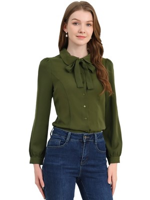 INSPIRE CHIC Women's Peter Pan Collar Bow Tie Neck Puff Long Sleeve Workwear Button Blouses