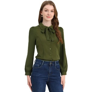 INSPIRE CHIC Women's Peter Pan Collar Bow Tie Neck Puff Long Sleeve Workwear Button Blouses - 1 of 4