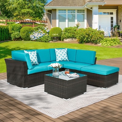 Sonkuki 4-Piece Patio Conversation Set with Ottoman and Tempered Glass Coffee Table