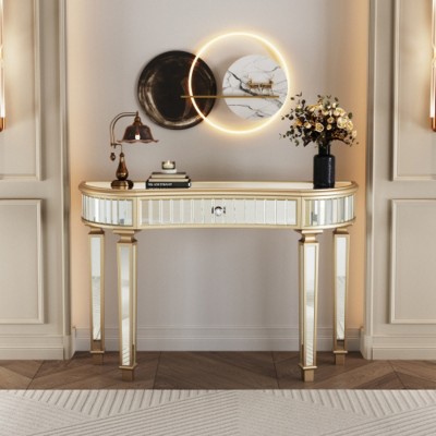47" Modern Mirrored Console Table with Storage Drawer, Half-Moon Entryway Table for Hallway, Dressing Room, or Living Room–The Pop Home