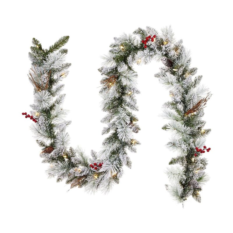 NOMA Snow Dusted Berry Pre Lit 9 Foot Flocked Christmas Holiday Garland with 162 Pine Tips and Battery Operated 35 Warm White LED Bulbs, (2 Pack), 2 of 7