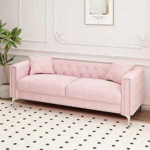 Modern Sofa, 83in Upholstered Velvet Triple Couch, with 2 Pillows, Mid-Century Sofa, Easy Assembly, Sofa Couch for Living Room, Bedroom, Apartment - 1 of 4