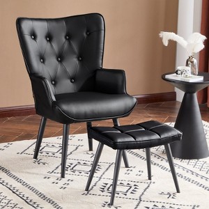 Furniliving Modern Accent Chair, Faux Leather Tufted Button Wingback Armchair with Matching Upholstered Ottoman, Black - 1 of 4