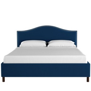 Full Nail Button Platform Bed in Velvet Navy - Skyline Furniture, Blue