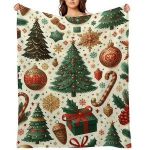 FIONECA Luxe Christmas Blanket with Ornate Tree Ornament Snowflake and Gift Pattern Cream Background 50x60 inches - 1 of 1