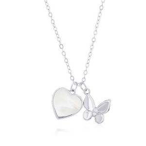 Bella Silver Sterling Silver MOP Heart w/ CZ Butterfly Necklace - White - 14+3 Inch - 1 of 2