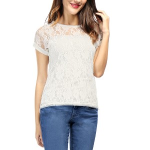 Allegra K Women's Curved Hem Sheer Short Sleeves Floral Lace Blouse - 1 of 4