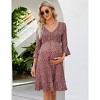Women's Maternity Fall Casual Smocked 3/4 Long Sleeve Boho Dress V Neck Flowy Ruffle Midi Dress Baby Shower Photoshoot - 2 of 4