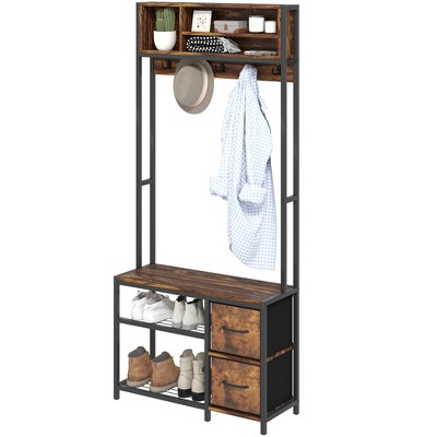 Distressed Dark Brown Hall Tree with Storage Bench and Fabric Drawers