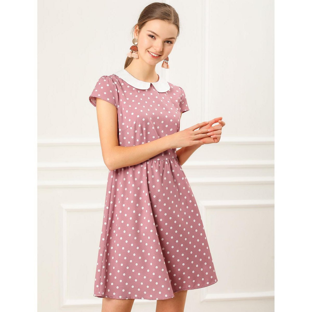Женские платья INSPIRE CHIC Women's Peter Pan Collar Short Sleeves Contrast A-Line Polka Dots Dress Pink Medium — фото 3