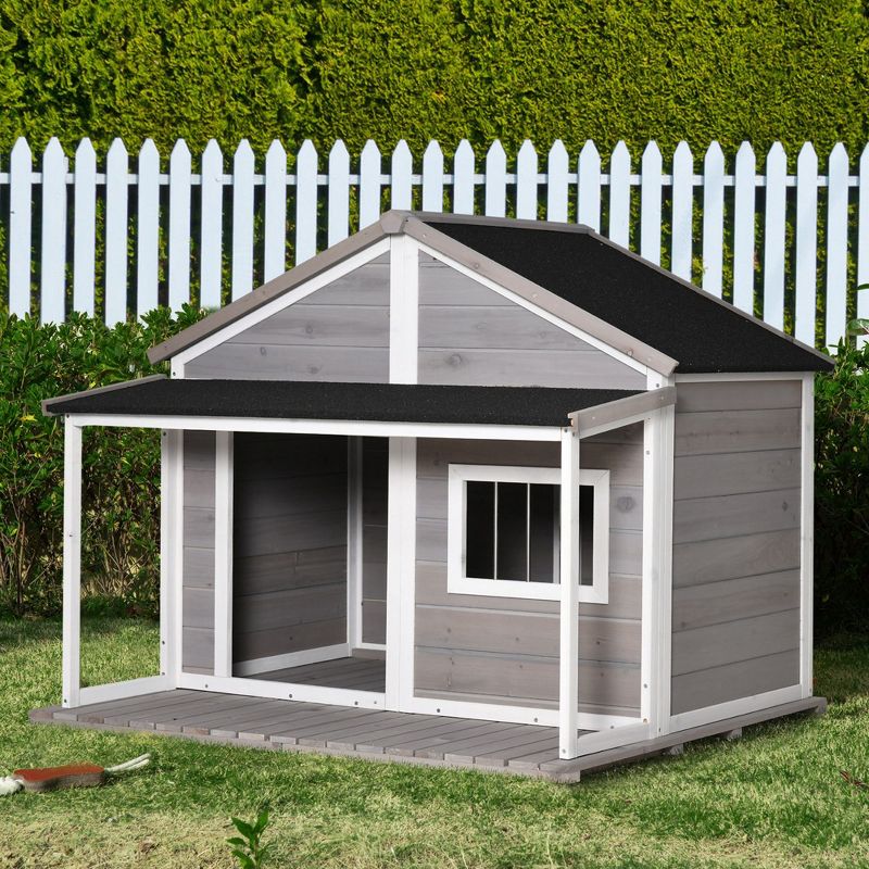 PawHut Outdoor Dog House Cabin Style, Wooden Raised Pet Kennel with Asphalt Roof, Front Door, Side Window, Porch for Medium/Large Dogs, Loading 53 Lbs, 2 of 7