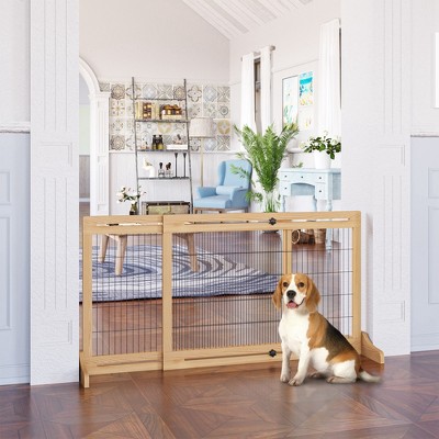 Natural Wooden Retractable Freestanding Pet Gate for Doorways