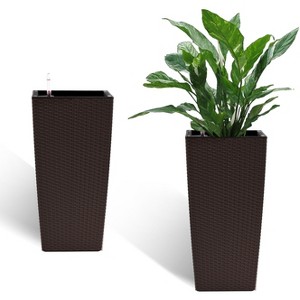 Gulches Modern Faux Rattan Design Square Planter, 22.6 inch Brown Plastic Large Planter(Brown, 22.6 inch - 2 Pack) - 1 of 4