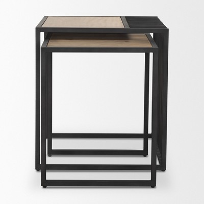 HomeRoots Set of Two Natural and Black Solid Wood and Metal Square Sled Nested Tables