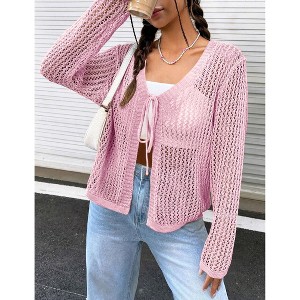 Women's Lightweight Crochet Cardigan Open Front Tie Shrug Knit Crop Top Summer Cardigan - 1 of 4