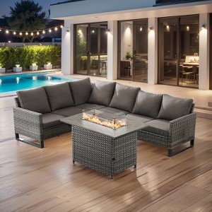 Buenhomino 4 Pieces Outdoor Patio Furniture Set with 41” Fire Pit Table, Rattan Patio Sectional Sofa Conversation Set with 50000BTU Propane Fire Pit - 1 of 4