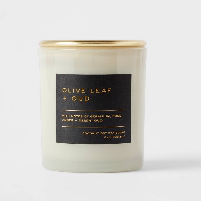 8oz Lidded Glass Jar Black Label Olive Leaf and Oud Candle - Threshold™