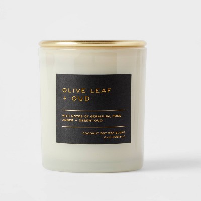 8oz Lidded Glass Jar Black Label Olive Leaf and Oud Candle - Threshold&#8482;