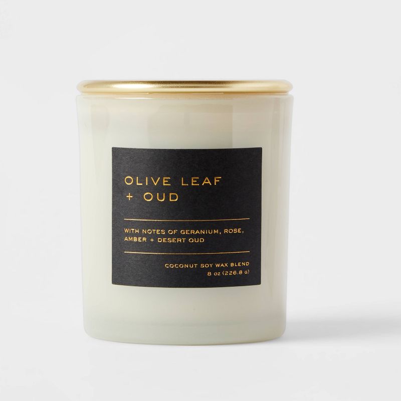 8oz Lidded Glass Jar Black Label Olive Leaf and Oud Candle - Threshold&#8482;, 1 of 9