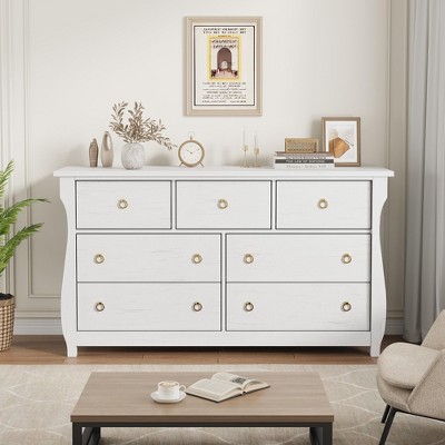 Garvee 7-Drawer Natural Wood Dresser with Curved Legs & Rattan Accents, Tall Boho Storage Chest for Bedroom, Living Room, Entryway, Antique White