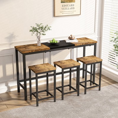 4 PCS Bar Height Dining Set with 3 Stool Counter Height Dining Set Kitchen Breakfast Nook Dinette, Hanging Stool Design, Natural/Gray+Black-ModernLuxe