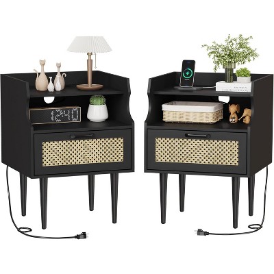 Homhougo Rattan Nightstand Set of 2, Modern Side Table with Charging Station, Mid Century End Table with Drawer and 2 Open Storage Shelves, Black