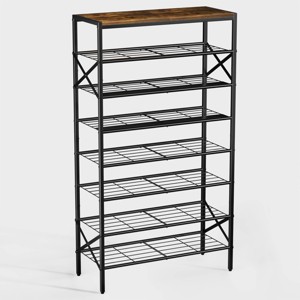 WOWLIVE 6/8/10-Tier Shoe Rack Black Metal with Rustic Brown Wood Top Shelf - 1 of 4