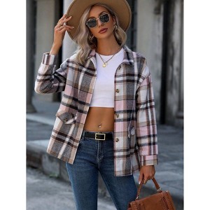 Coolmee Women's Fall Clothes Plaid Jacket Lapel Collar Long Sleeve Button Down Shirts Fashion Jacket with Pockets - 1 of 4