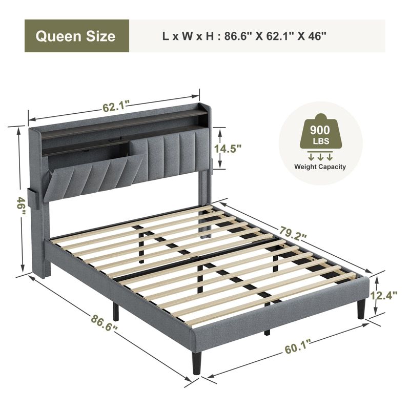 Hausource Bed Frame with Storage Headboard & Footboard Platform Bed LED Lights & Outlets No Box Spring Needed, 2 of 8