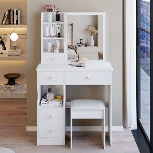 Ridstar 29.2 in. W Left Drawer Desktop Vanity Tables with Cushioned Stool & Multi Layer High Capacity Storage for Small Space-White - 1 of 4